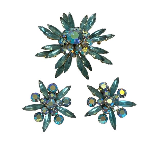 Judy Lee Jewelry - Judy Lee Aqua Blue AB Rhinestone Brooch Pin Clip On Earrings Set Starburst VTG